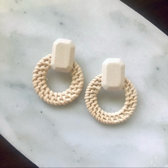 Rattan Natural Wooden Stud Hoop Earrings - Picture 1 of 6